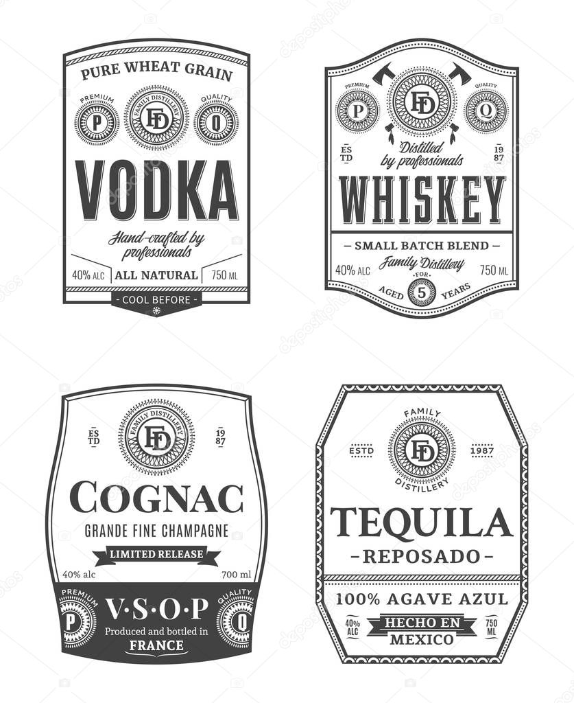 Alcoholic drinks vintage labels and packaging design templates. Vodka, whiskey, cognac and tequila labels. Distilling business branding and identity design elements.