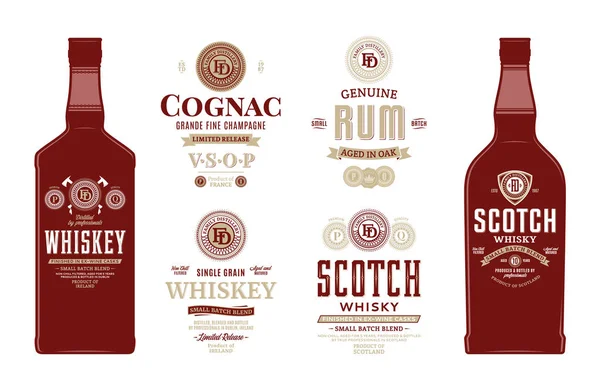 Štítky Alkoholické Nápoje Láhev Maketa Šablony Whisky Skotské Whisky Koňak — Stockový vektor