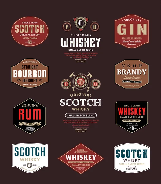 Étiquettes Boissons Alcoolisées Modèles Conception Emballage Whisky Scotch Rhum Brandy — Image vectorielle