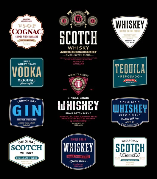 Étiquettes Boissons Alcoolisées Modèles Conception Emballage Etiquettes Whisky Scotch Gin — Image vectorielle