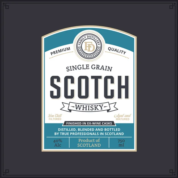 Etiquette Vintage Whisky Scotch Blanc Vectoriel Sarcelle Sur Fond Sombre — Image vectorielle