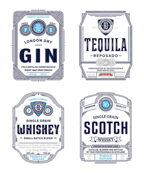 Alkoholische Getränke Vintage Thin Line Etiketten Und Verpackungsdesign Vorlagen Gin — Stockvektor