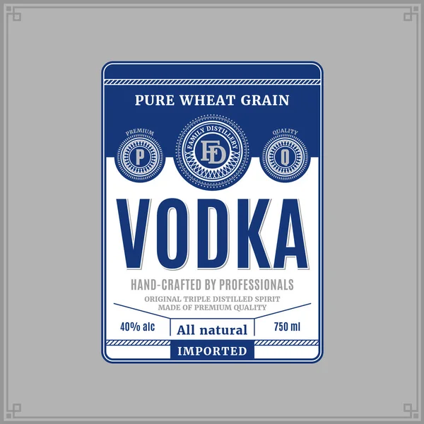 Vector Bílý Modrý Vodka Label Izolované Šedém Pozadí Destilační Obchodní — Stockový vektor