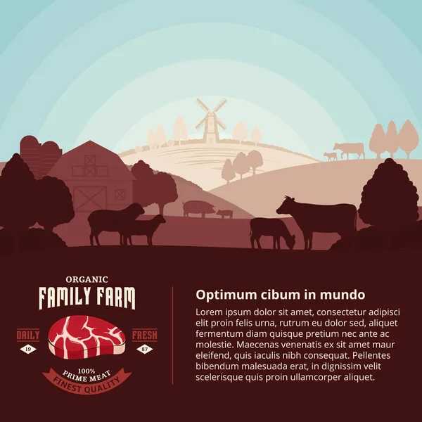 向量农场新鲜的肉例证与农村风景和农场动物 现代风格的屠宰标签 屠夫的商店或农业设计元素 — 图库矢量图片