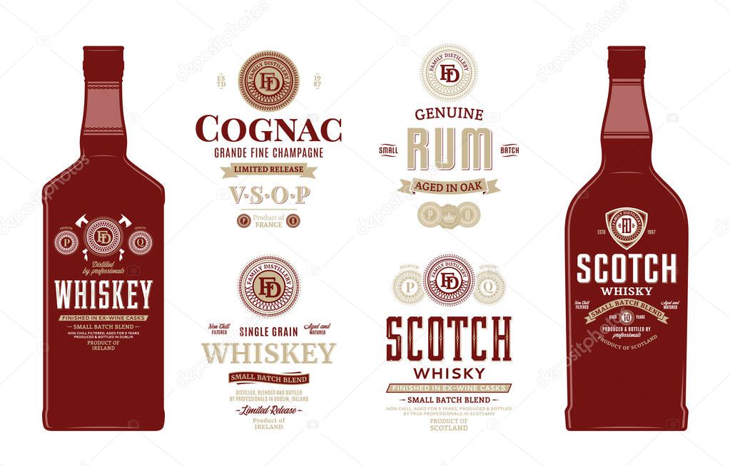 Alcoholic drinks labels and bottle mockup templates. Whiskey, scotch whisky, cognac and rum labels. Distilling business branding and identity design elements.