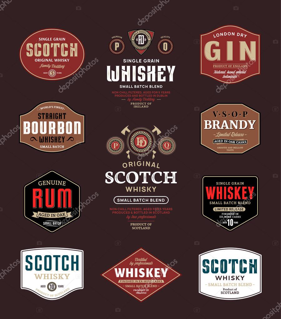 Alcoholic drinks labels and packaging design templates. Whiskey, scotch, rum, brandy, bourbom and gin labels. Distilling business branding and identity design elements.