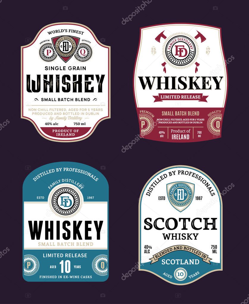Vector vintage whiskey and scotch whisky labels. Distilling business branding and identity design elements.