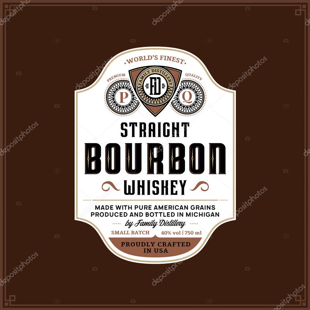 Vector vintage bourbon label on a brown background. Distilling business branding and identity design elments.
