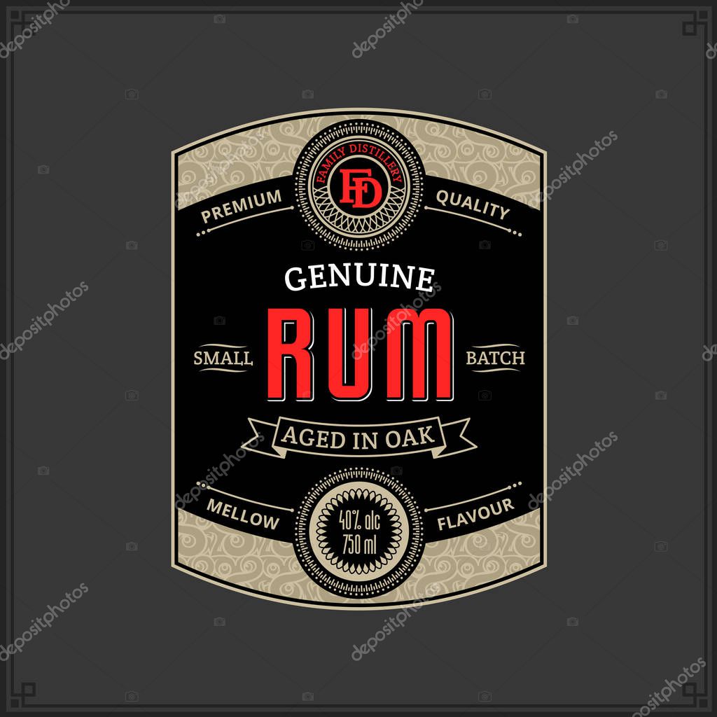 Vector black and gold vintage rum label isolated on a dark background. Distilling business branding and identity design elements.
