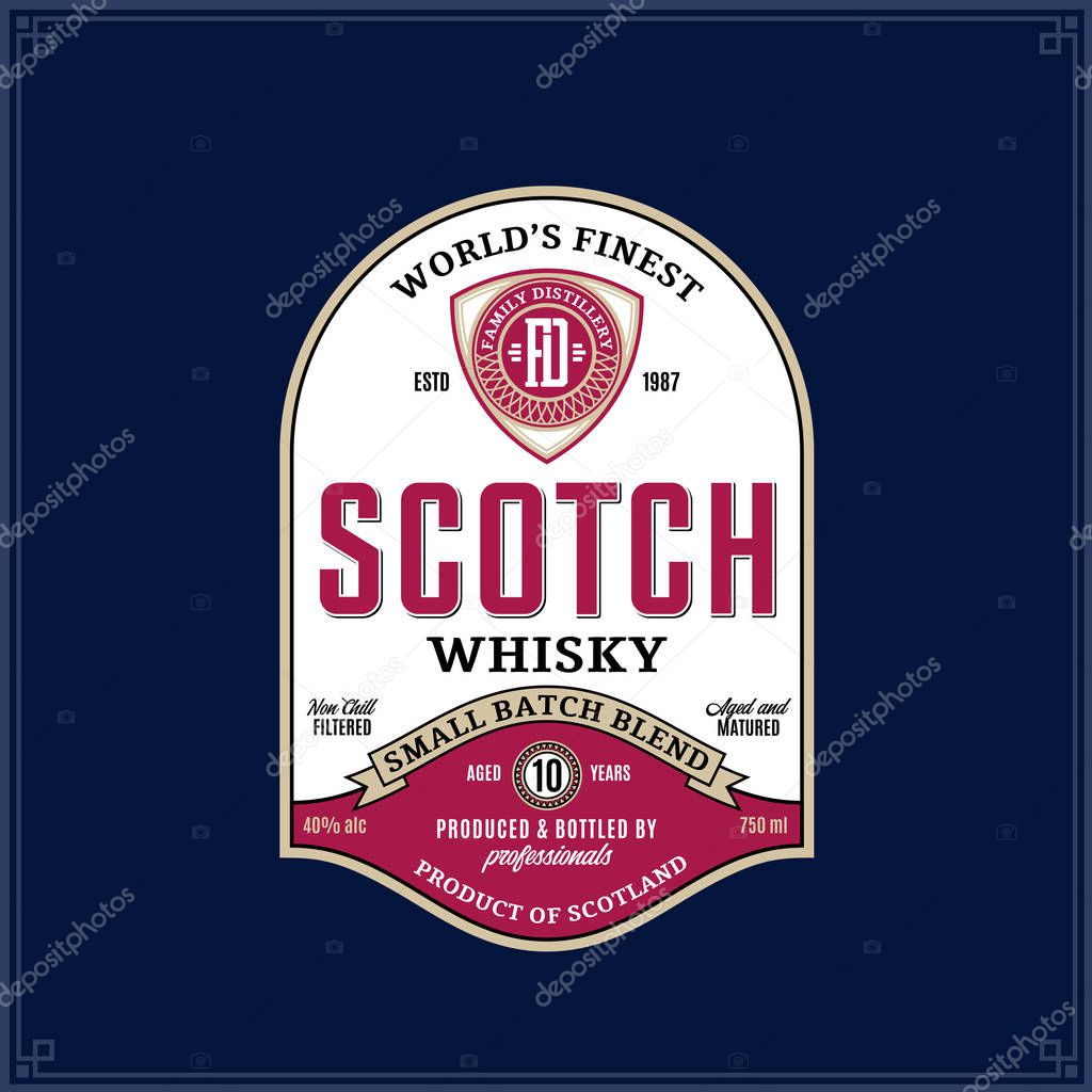 Vector vintage scotch whisky label on a dark blue background. Distilling business branding and identity design elments.