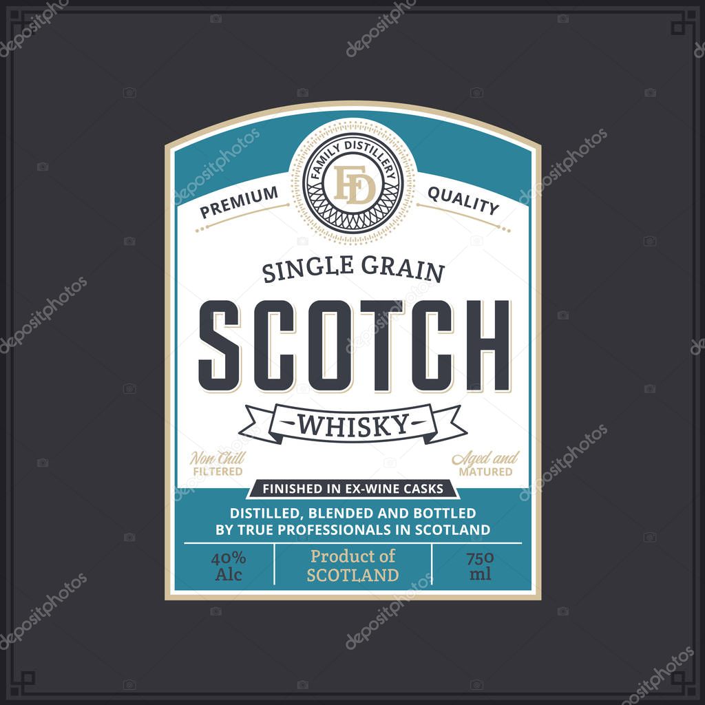 Vector white and teal vintage scotch whisky label on a dark background. Distilling business branding and dentity design elments.