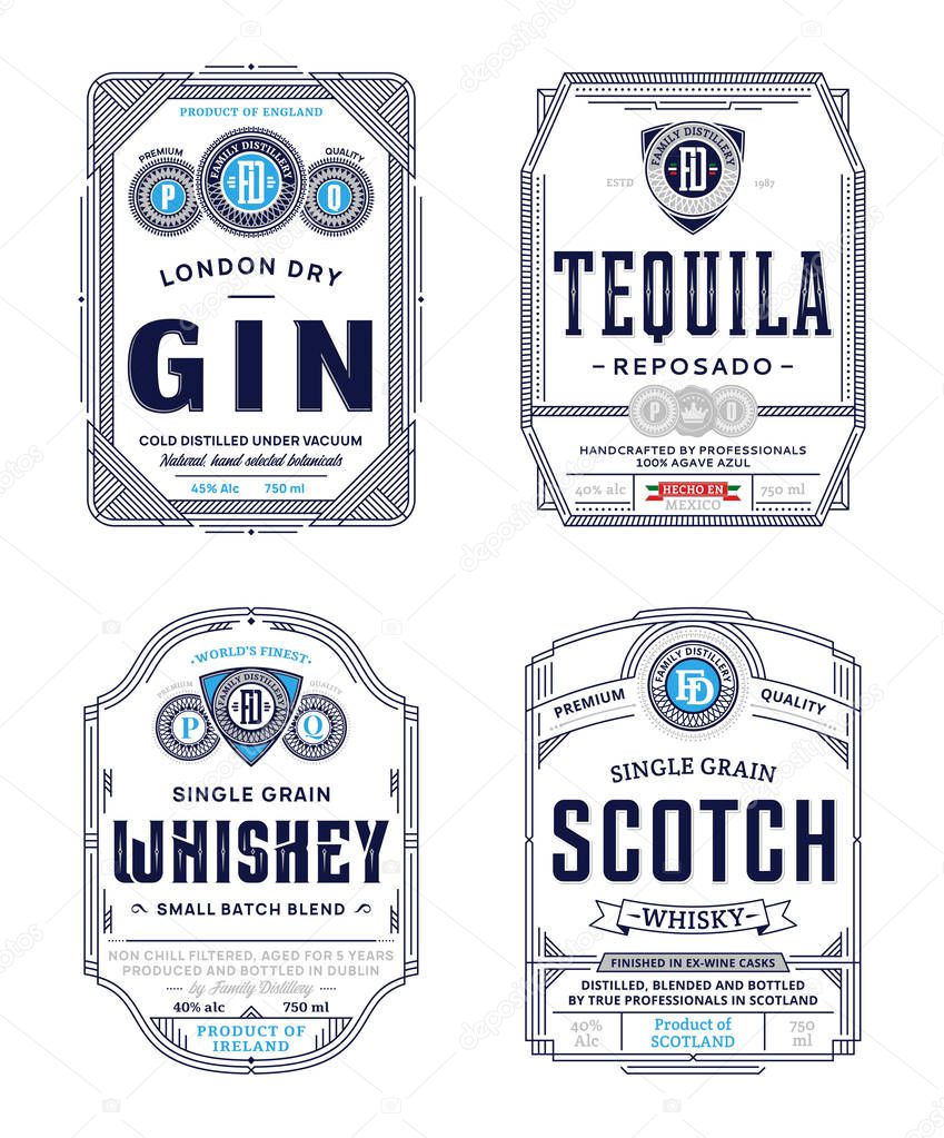 Alcoholic drinks vintage thin line labels and packaging design templates. Gin, tequila, whiskey and scotch labels. Distilling business branding and identity design elements.