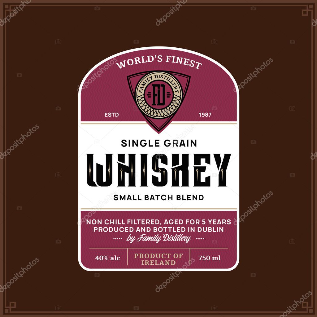 Vector vintage whiskey label on a brown background. Distilling business branding and identity design elments.