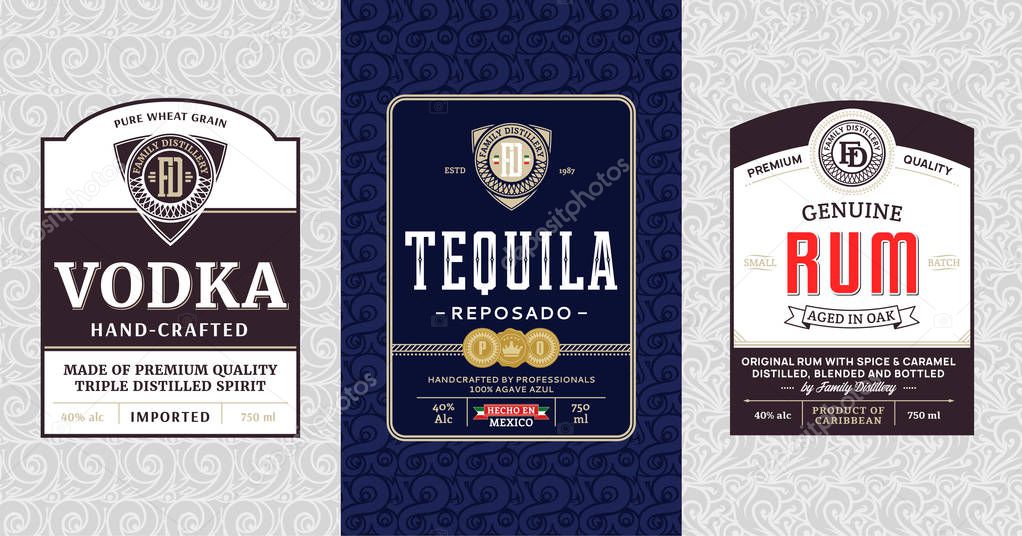 Alcoholic drinks vintage labels and packaging design templates. Vodka, tequila and rum labels. Distilling business branding and identity design elements.