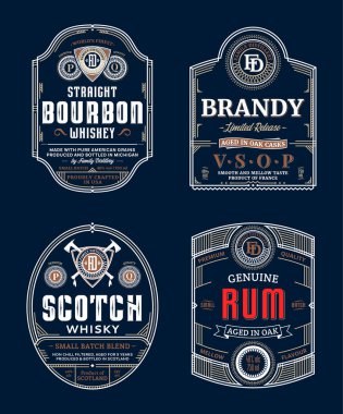 Alkollü içecekler vintage ince çizgi etiket ve ambalaj tasarım şablonları. Viski, konyak, scotch viski ve ROM etiketleri. Damlatma iş markalaşma ve kimlik tasarım öğeleri.