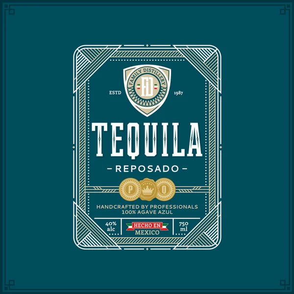 Etiqueta Tequila Línea Fina Vectorial Blanca Dorada Aislada Sobre Fondo — Vector de stock