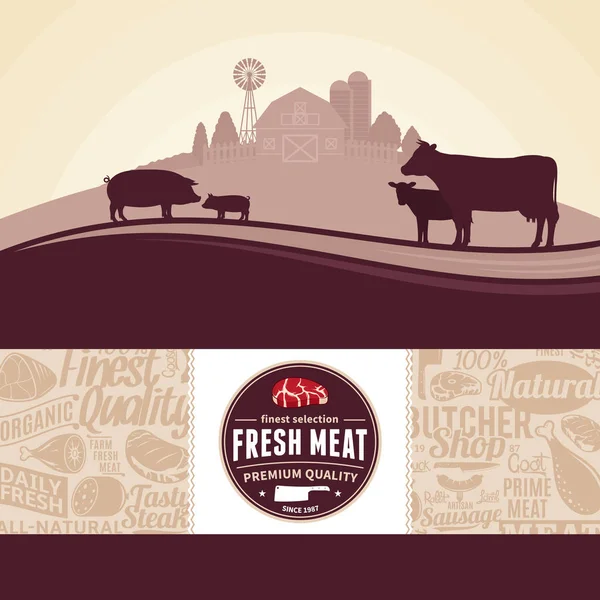 Ilustração Carne Fresca Vetorial Com Paisagem Rural Animais Fazenda Etiqueta — Vetor de Stock