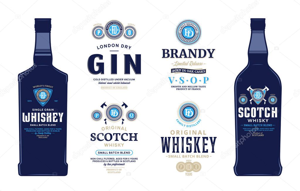 Alcoholic drinks labels and bottle mockup templates. Whiskey, scotch whisky, brandy and gin labels. Distilling business branding and identity design elements.