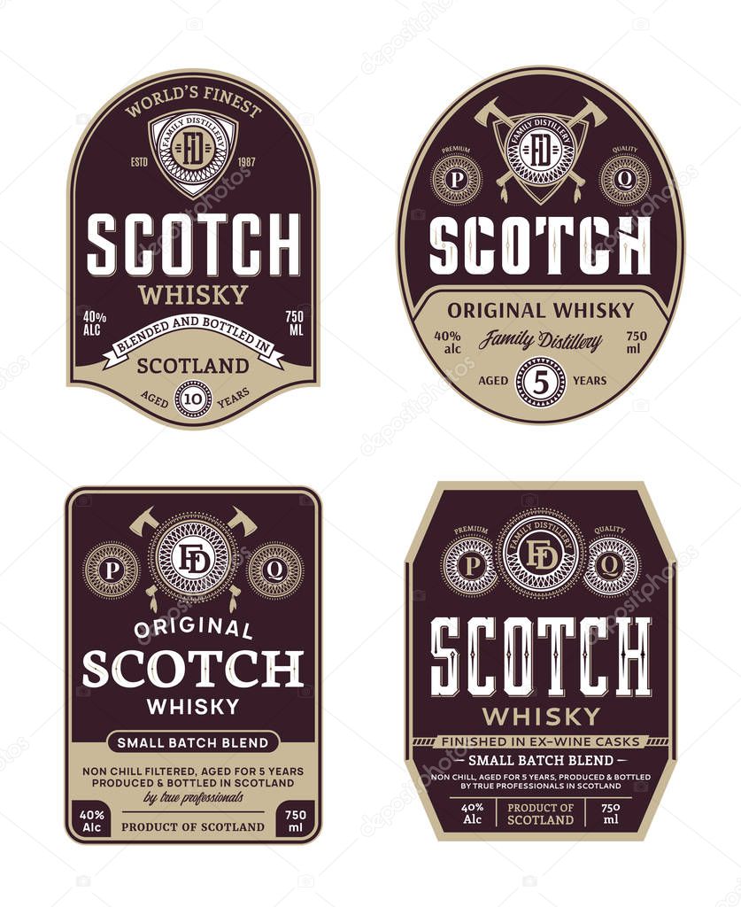 Vector brown and gold vintage scotch whisky labels. Distilling business branding and identity design elements.