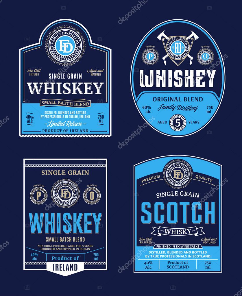 Vector vintage whiskey and scotch whisky labels. Distilling business branding and identity design elements.