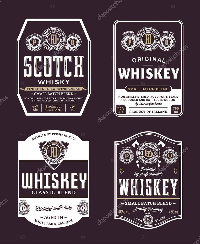 Vector vintage whiskey and scotch whisky white and gold labels. Distilling business branding and identity design elements.