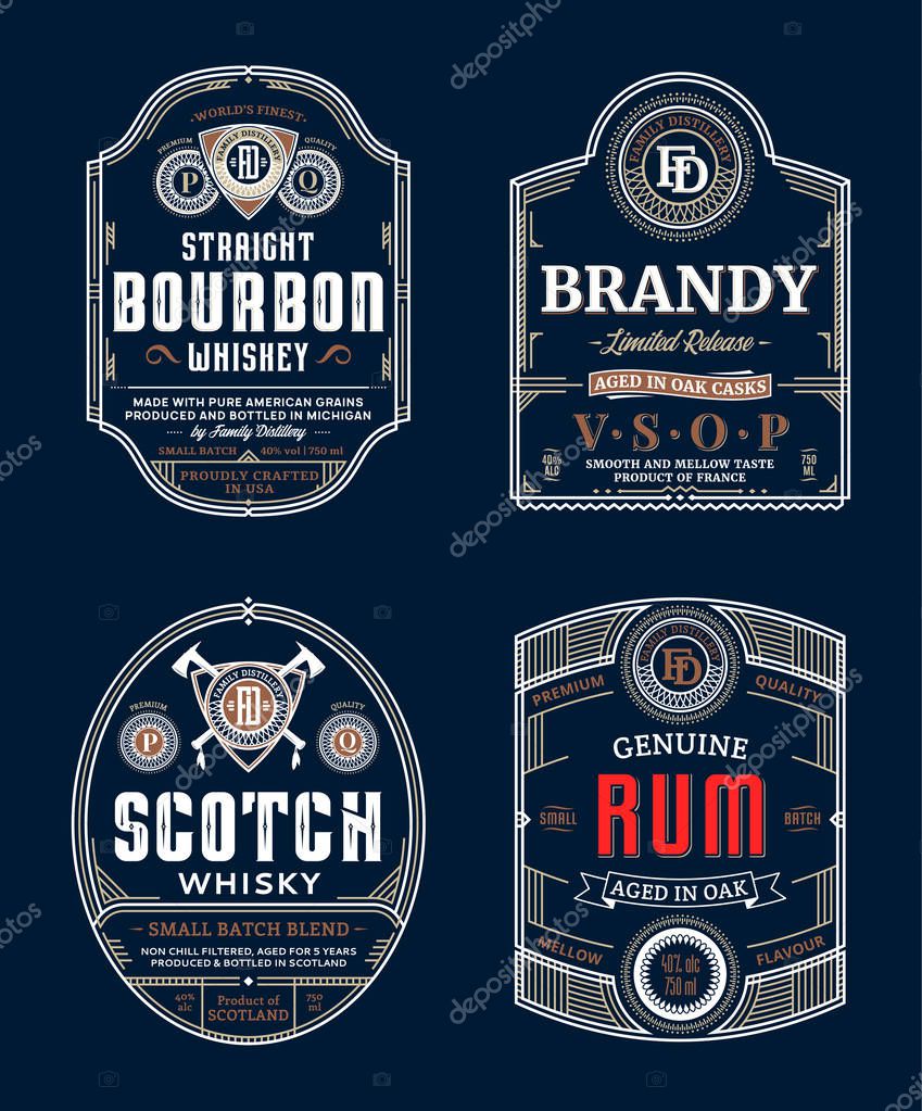 Alcoholic drinks vintage thin line labels and packaging design templates. Bourbon, brandy, scotch whisky and rum labels. Distilling business branding and identity design elements.