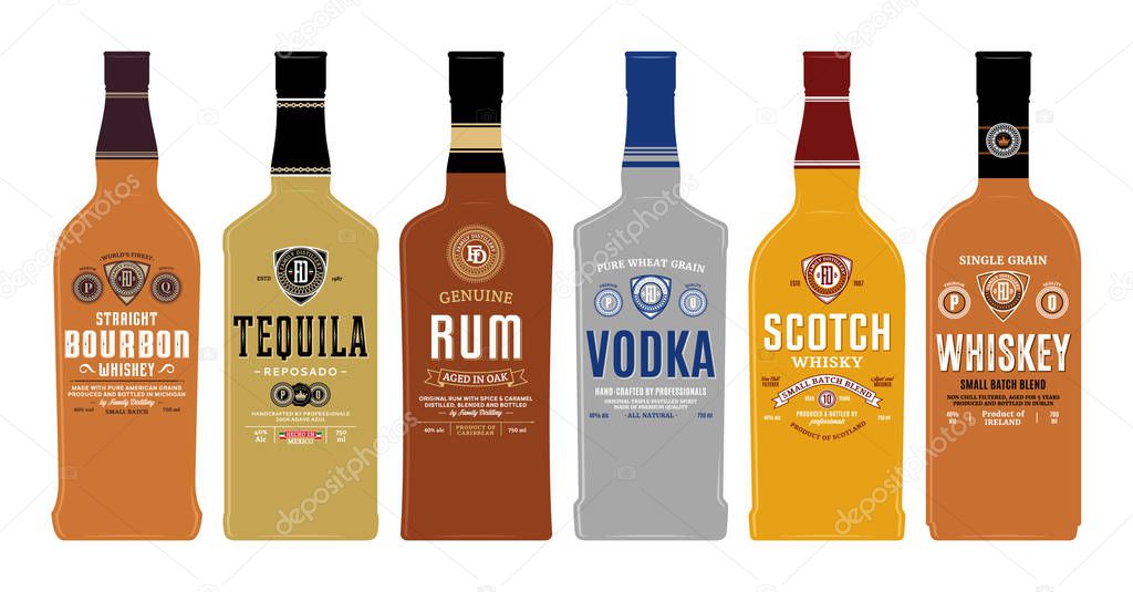 Alcoholic drinks labels and bottle mockup templates. Whiskey, scotch whisky, bourbon, rum, vodka and tequila labels. Distilling business branding and identity design elements.