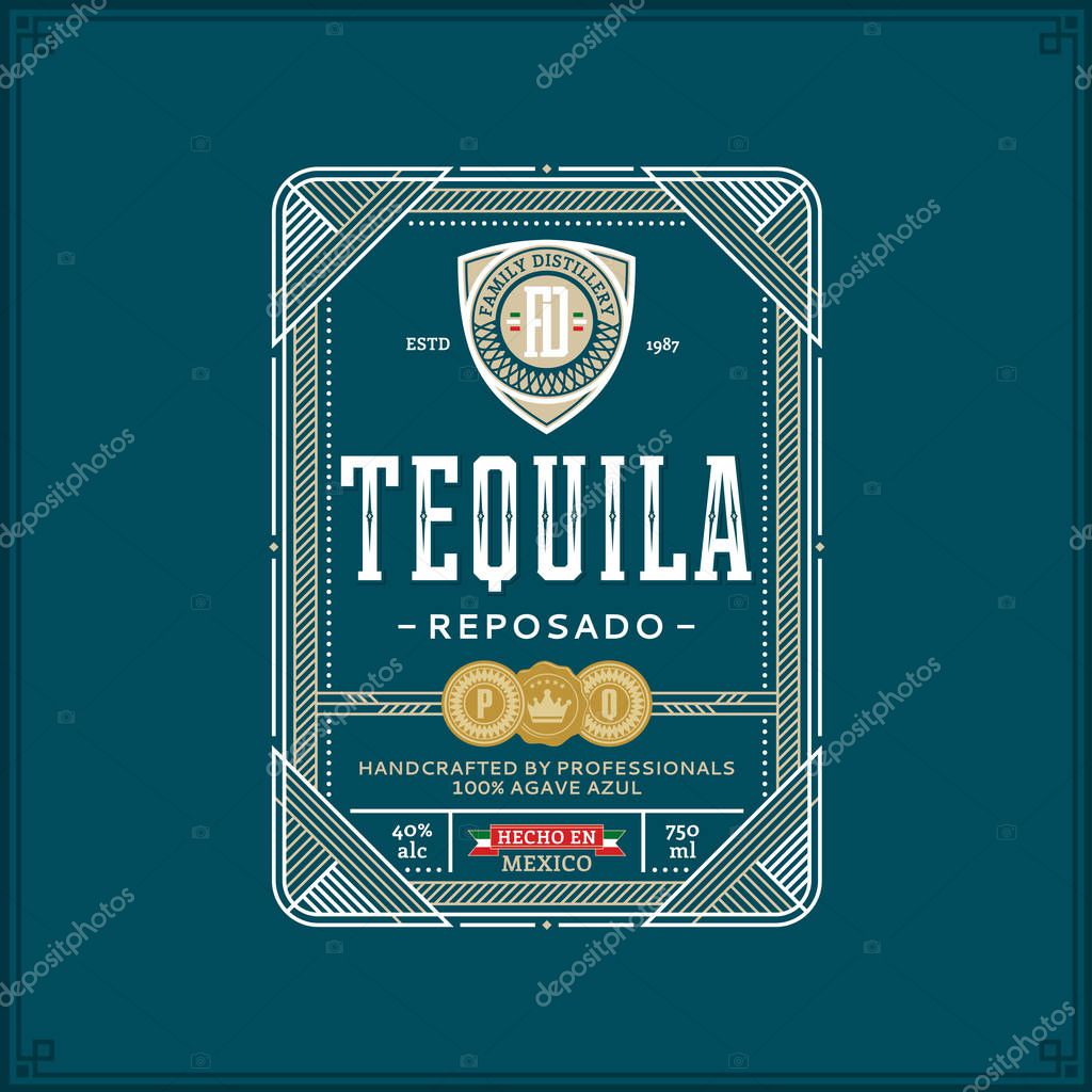 Vector white and gold thin line tequila label isolated on a teal background. Distilling business branding and identity design elements.
