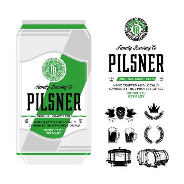 Étiquette Bière Sur Boîte Aluminium Label Pilsner Marque Brasserie Icônes — Image vectorielle