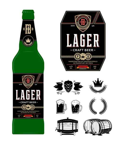 Beer label on bottle. Lager label. Brewing company branding and identity icons and design elements.