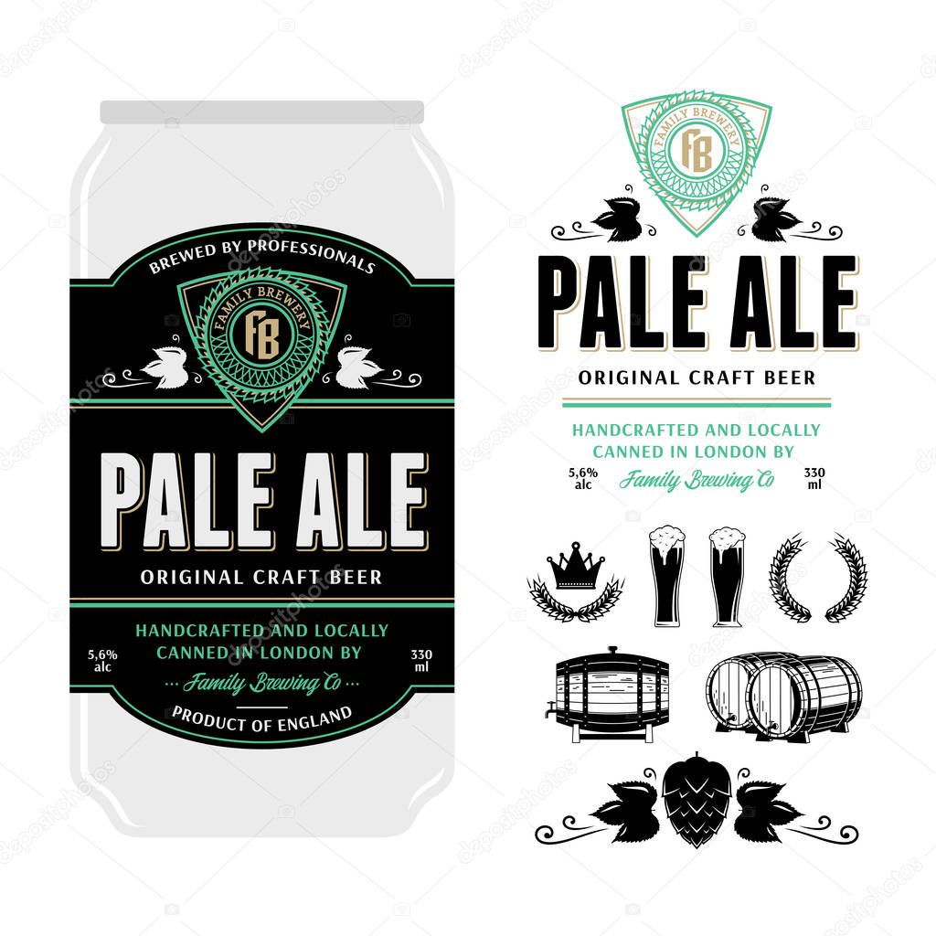 Beer label on aluminium can. Pale ale label. Brewing company branding and identity icons and design elements.
