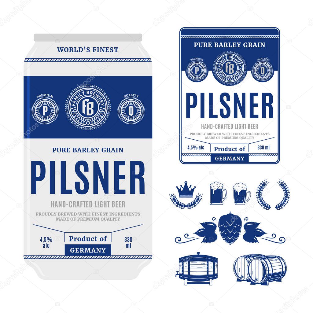 Beer label on aluminium can. Pilsner label. Brewing company branding and identity icons and design elements.