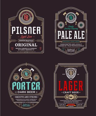 Vektör vintage bira ince çizgi etiket ve ambalaj tasarım şablonları. Pilsner
