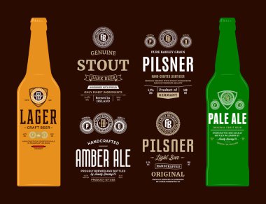 Beer labels and bottle mockup templates. Pale ale, pilsner, stout, amber ale and lager labels. Brewing company branding and identity design elements.