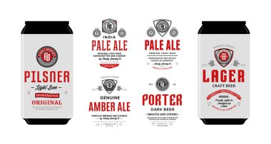 Bira etiket ve can mockup şablonları. Soluk ale, pilsner, lager, porter ve amber ale etiketleri. Bira şirketi marka ve kimlik tasarım öğeleri.