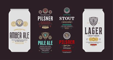Bira etiketleri ve mockup şablonları olabilir. Soluk bira, pilsner, bira, şişman ve kehribar bira etiketleri. Bira şirketi markalama ve kimlik tasarım elemanları.