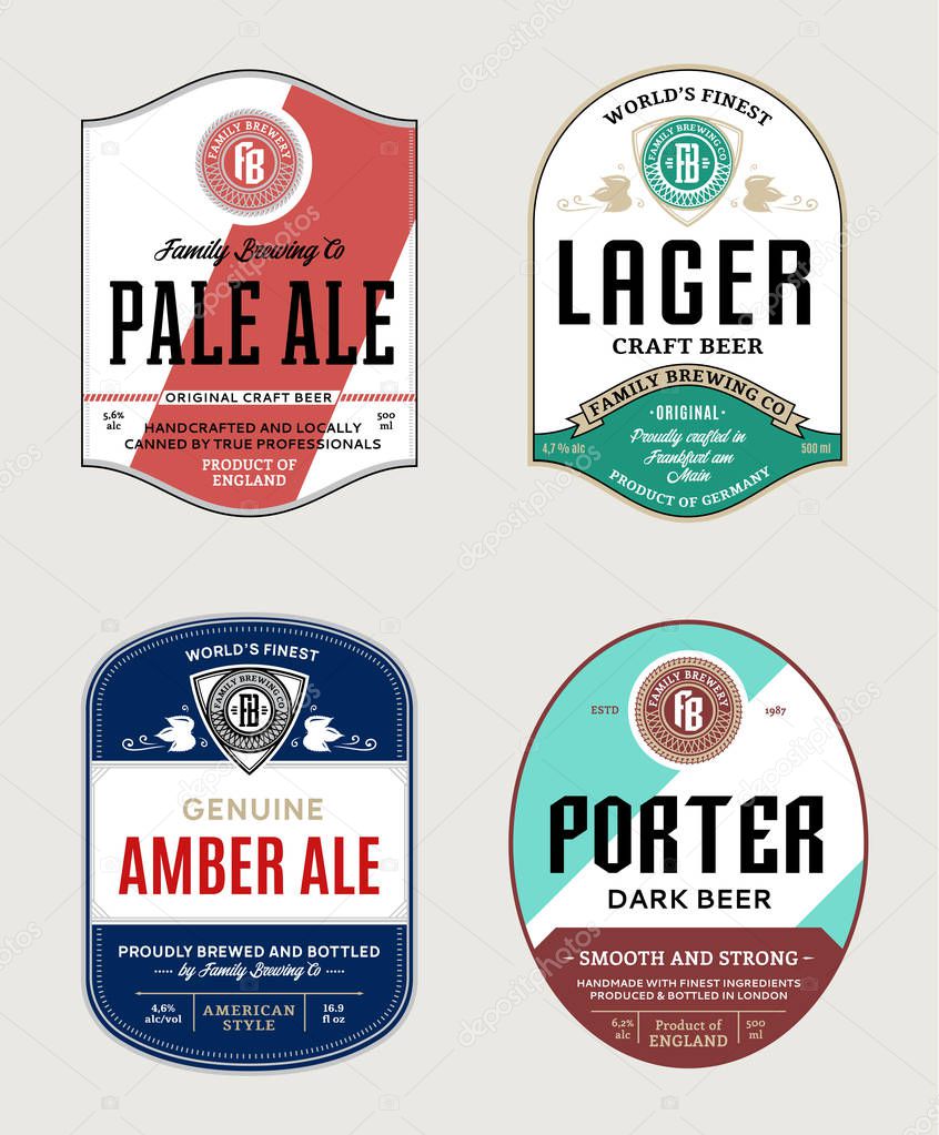 Vector beer labels and design elements. Pale ale, lager, porter and amber ale labels. Brewing company branding and identity design elements.