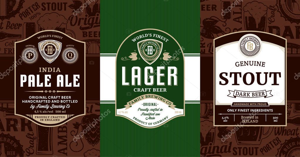 Vector vintage beer labels and packaging design templates. Pale ale, lager and stout labels. Brewing company branding and identity design elements.