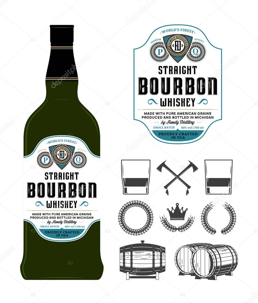 Vector bourbon whiskey label on a bottle. Distilling business branding and identity icons and design elements.