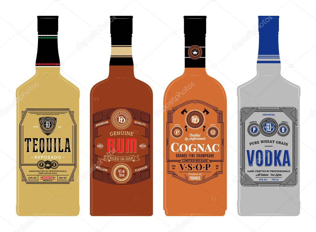 Vector alcoholic drinks vintage thin line labels on bottles. Tequila, rum, cognac and vodka labels. Distilling business branding and identity design elements.