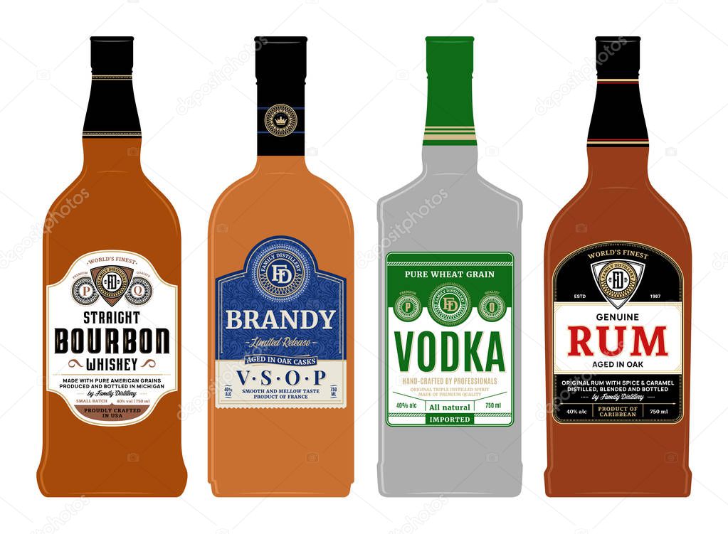 Vector alcoholic drinks labels on bottles. Bourbon, rum, brandy and vodka labels. Distilling business branding and identity design elements.