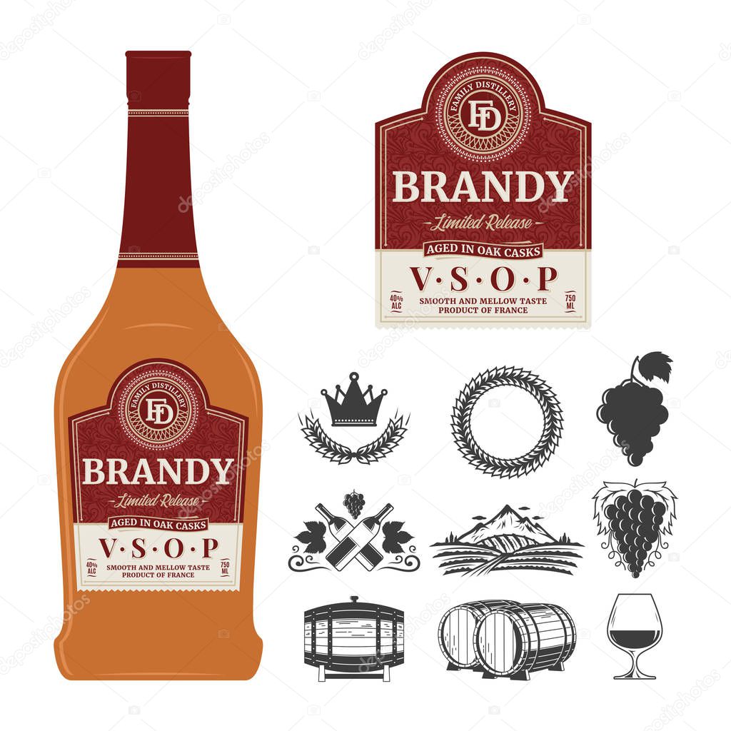 Vector brandy label on a bottle. Distilling business branding and identity icons and design elements.