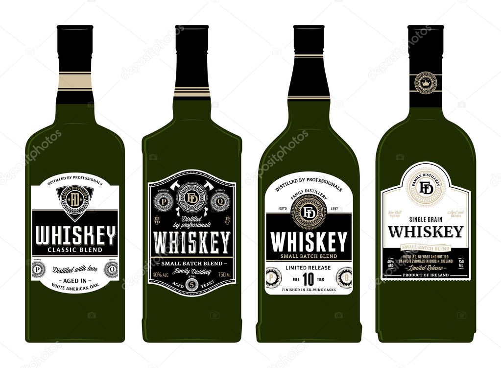 Vector black and white whiskey labels on bottles. Distilling business branding and identity design elements.