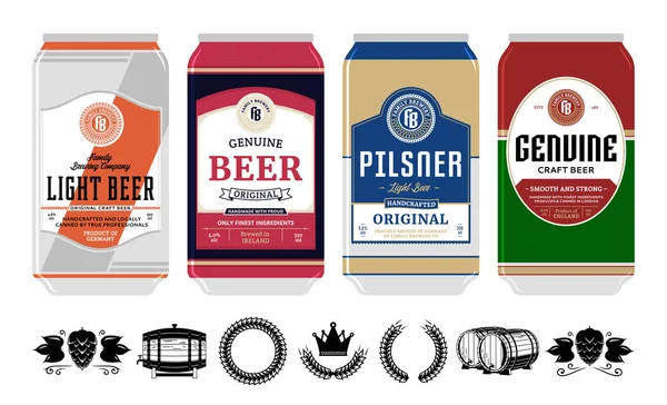 Etiquetas Cerveza Latas Aluminio Iconos Cerveza Para Cervecería Bar Pub — Archivo Imágenes Vectoriales