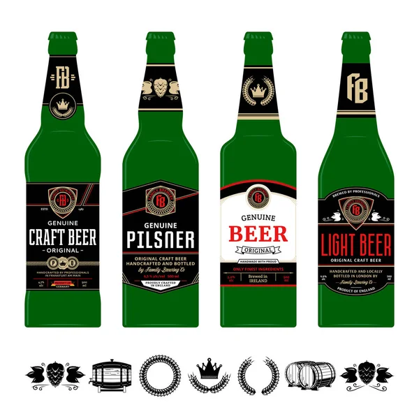 Vector Cerveza Negro Blanco Rojo Etiquetas Botellas Vidrio Verde Iconos — Archivo Imágenes Vectoriales