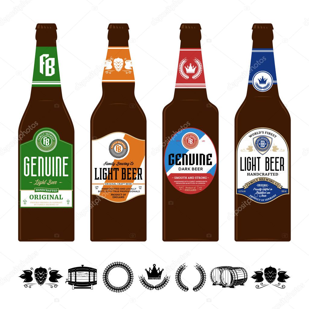 Beer labels on brown glass bottles. Beer icons for brewhouse, bar, pub, brewing company branding and identity.