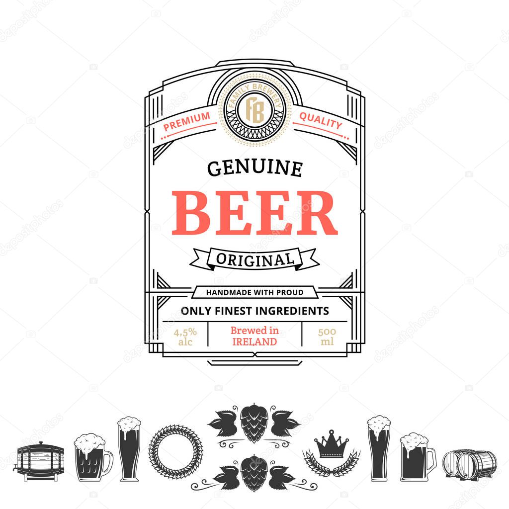 Vector vintage gold, black and red beer label and icons on a white background for brewhouse, bar, pub, brewing company branding and identity.