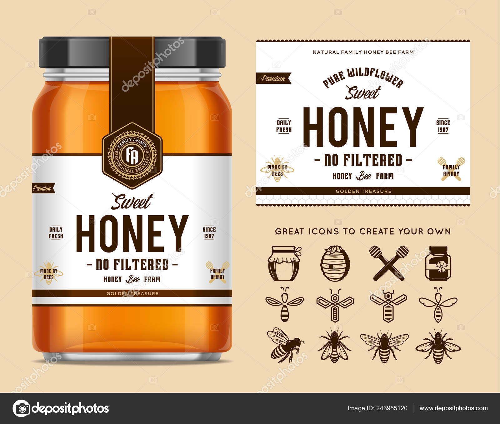 Download Honey Glass Jar Mockup Label Icons Apiary Beekeeping Products Branding Vector Image By C Counterfeit Vector Stock 243955120