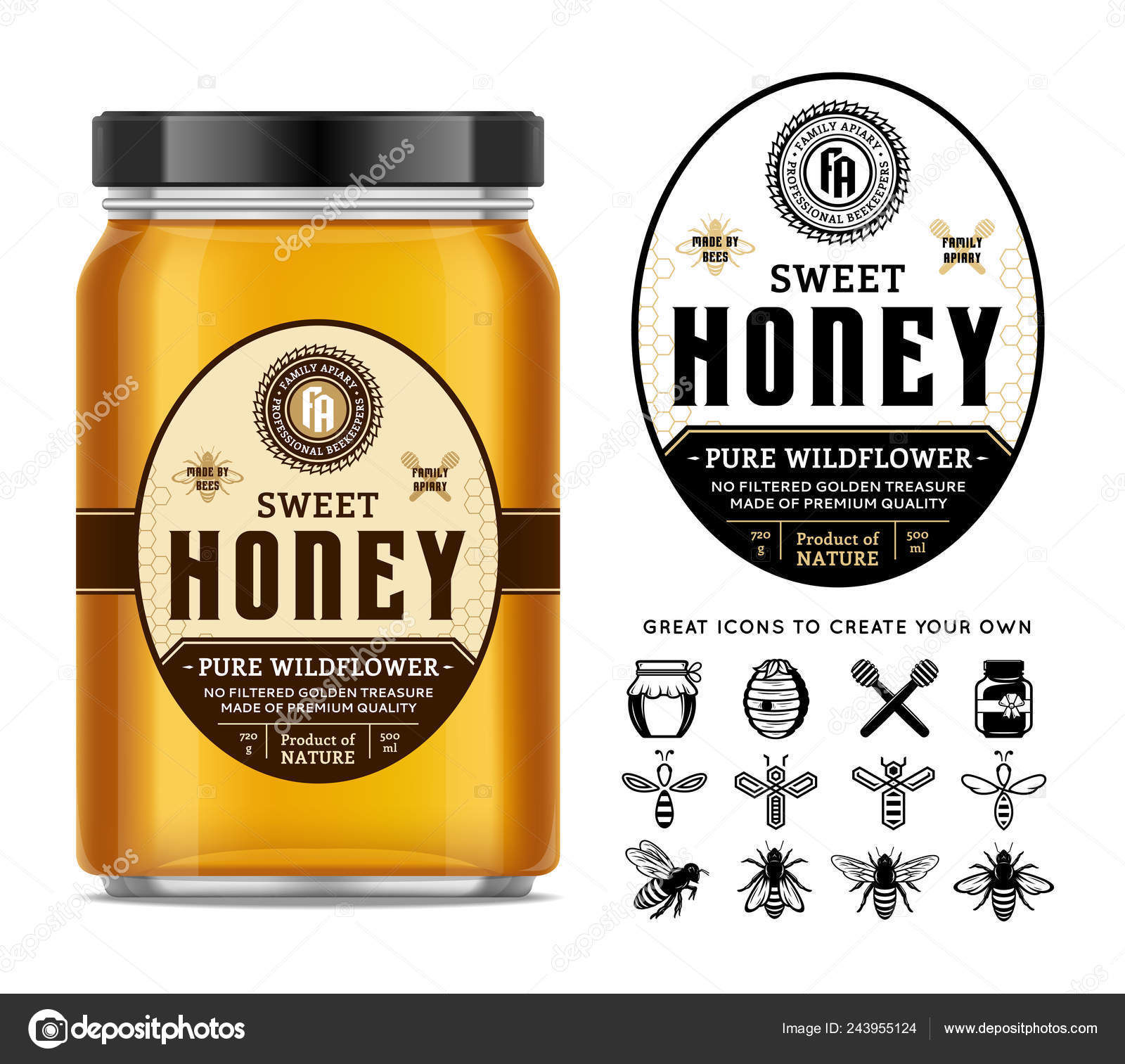 Download Honey Glass Jar Mockup Label Icons Apiary Beekeeping Products Branding Vector Image By C Counterfeit Vector Stock 243955124