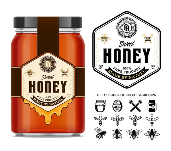 Honung Glas Burk Mockup Med Etikett Och Ikoner För Bigården — Stock vektor